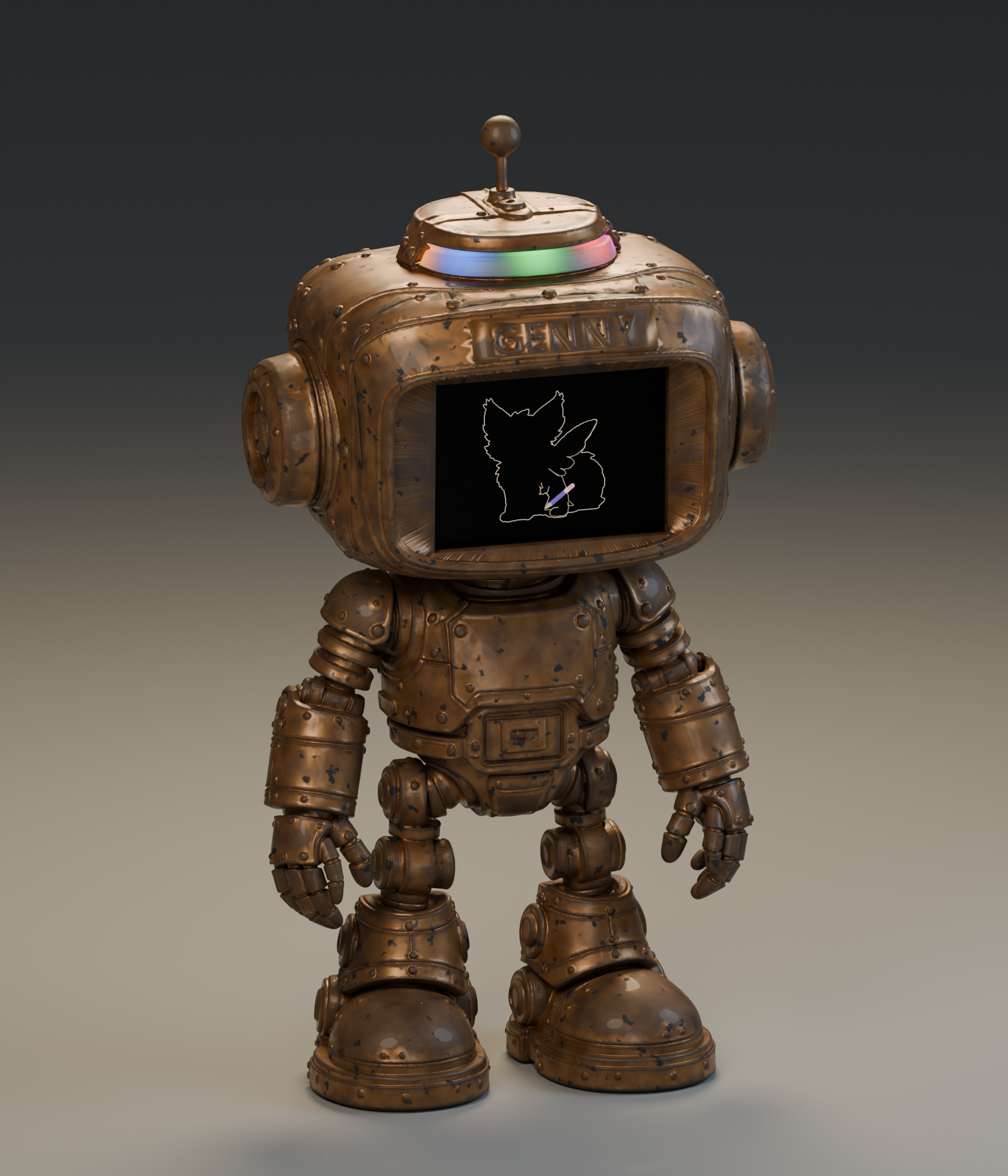 3D render of bronze Genny beginning to draw StarFluff’s outline on her screen, with colorful RGB dome lights.