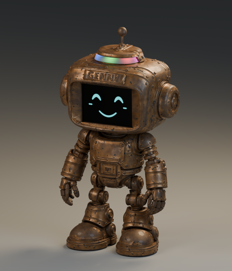 3D render of Genny smiling, with a weathered bronze finish and glowing RGB dome lights.