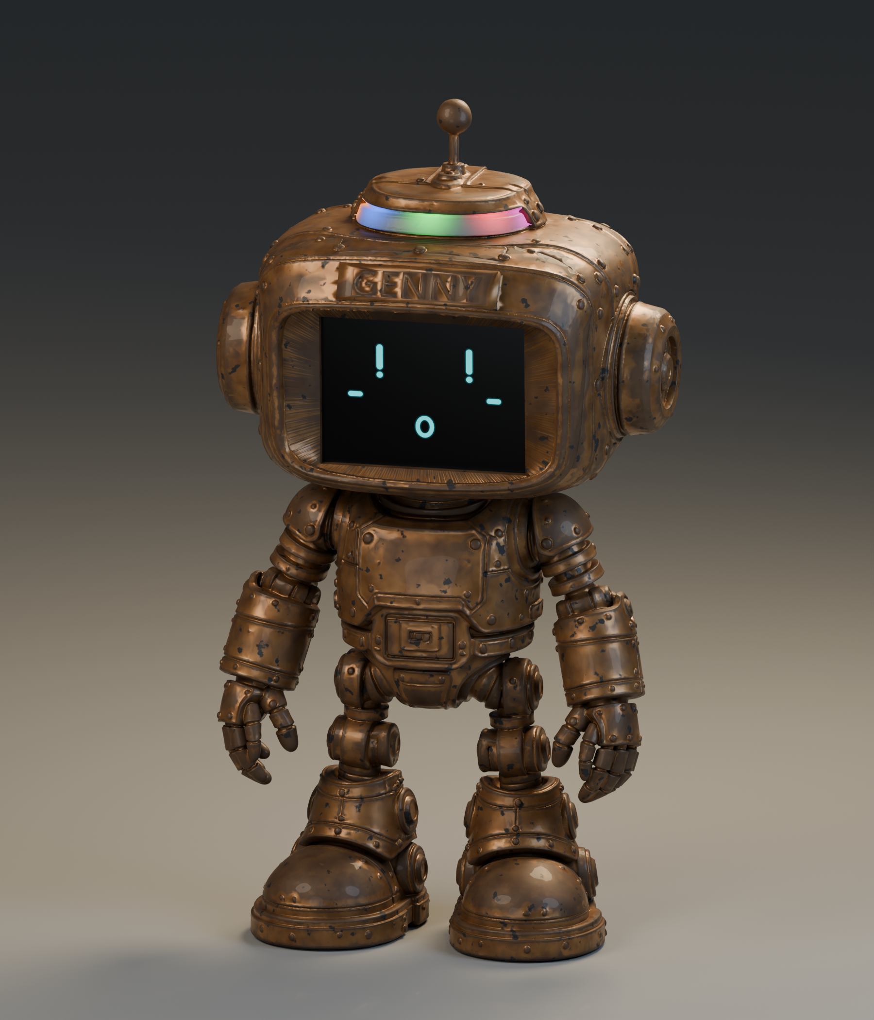3D render of Genny with a surprised expression, weathered bronze paint and colorful RGB dome lights.