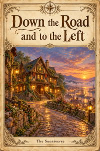 Cover of Down the Road and to the Left, showing the Bell and Compass Inn beside a cobbled road at sunset.