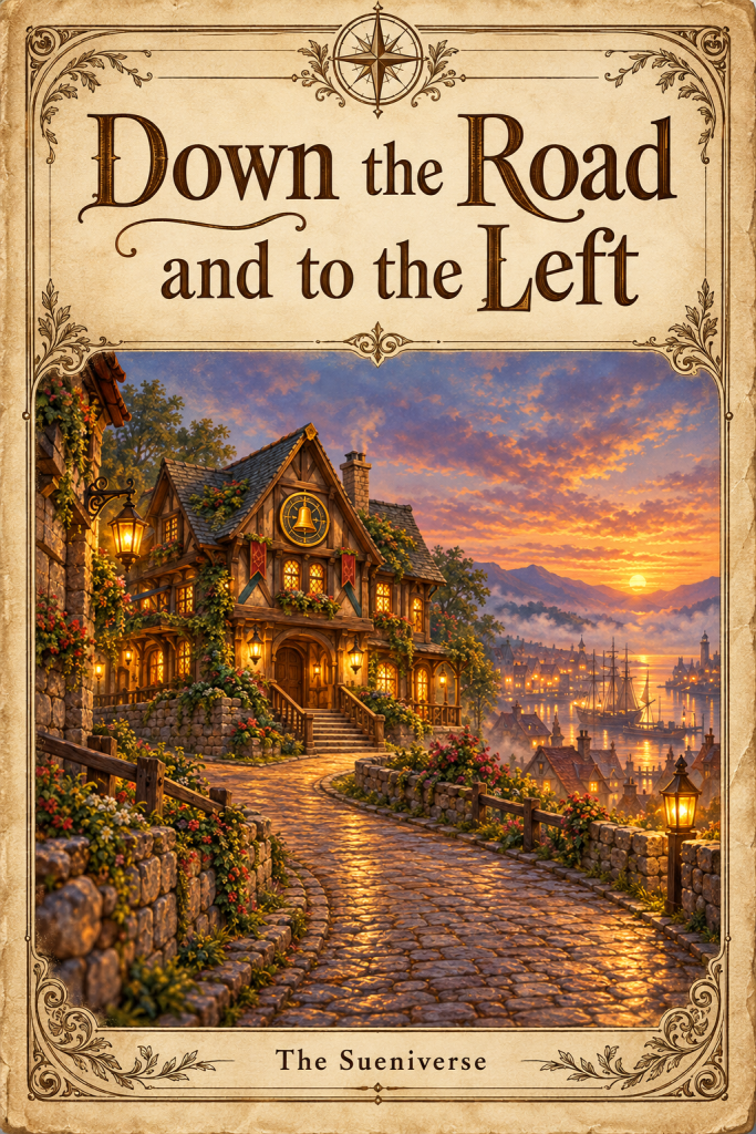 Cover of Down the Road and to the Left, showing the Bell and Compass Inn beside a cobbled road at sunset.