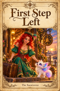 Cover of First Step Left, showing Sue arriving with her suitcase and meeting StarFluff at the Bell and Compass Inn.