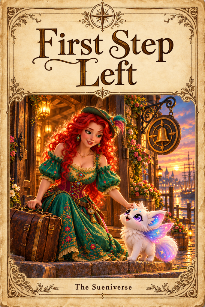 Cover of First Step Left, showing Sue arriving with her suitcase and meeting StarFluff at the Bell and Compass Inn.