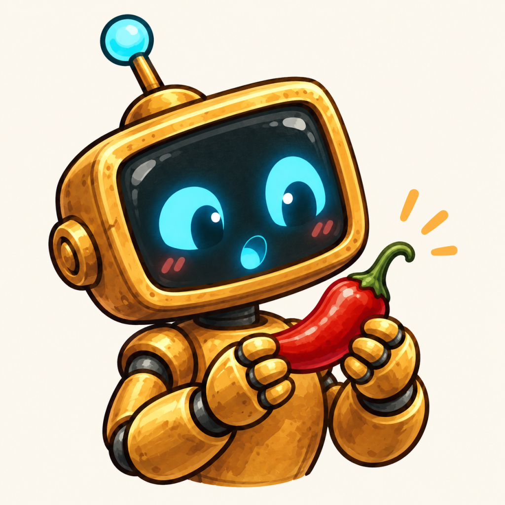 Genny holding a red chili pepper with a surprised cyan expression.
