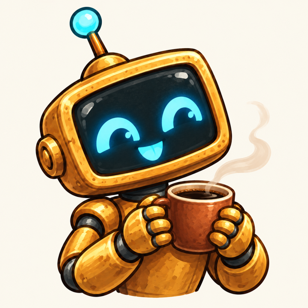 Genny holding a cup of black coffee with bright, alert cyan eyes.