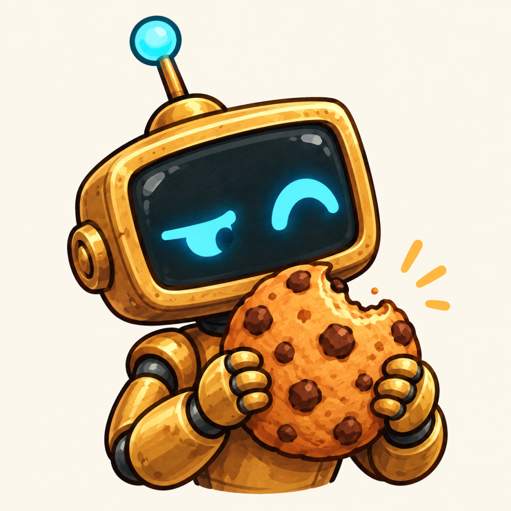 Genny holding a chocolate-chip cookie and regarding its missing bite with a suspicious eye.