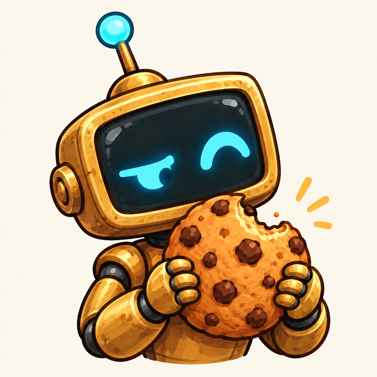 Genny holding a chocolate-chip cookie and regarding its missing bite with a suspicious eye.