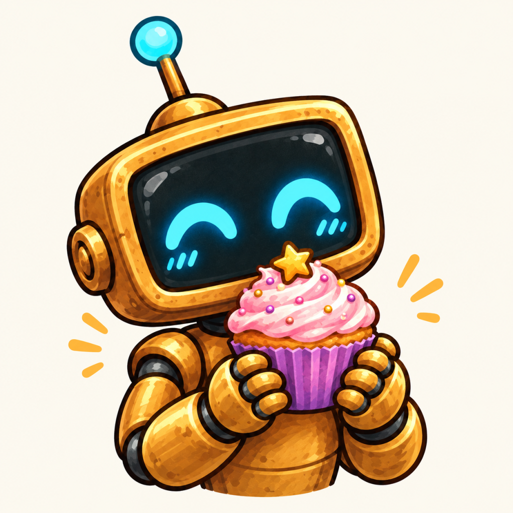 Genny holding a pink-frosted cupcake with a broad, delighted cyan smile.