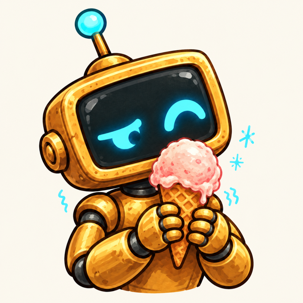 Genny holding a pink ice-cream cone with a delighted, chilly squint.