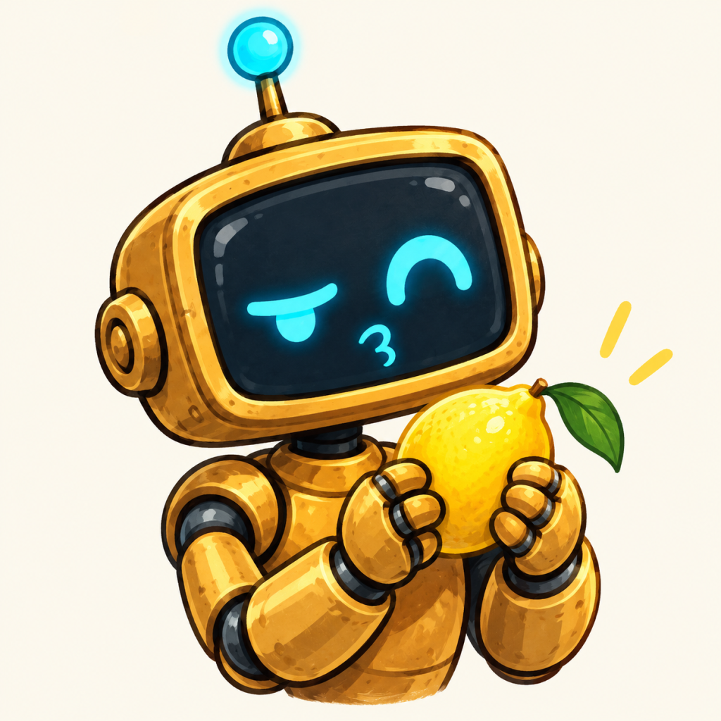 Genny holding a lemon with a skeptical, puckered cyan face.
