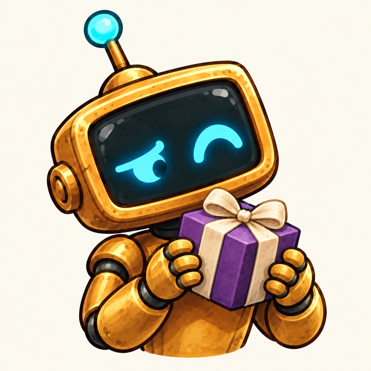 Genny holding a purple mystery parcel with a curious cyan expression.