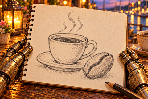 Genny sketches a coffee cup and bean to ask for coffee