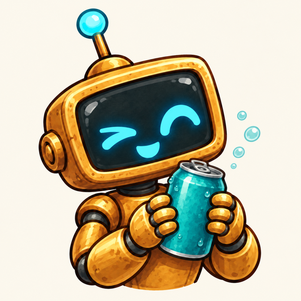 Genny holding a teal soda can, winking beside a few fizzy bubbles.