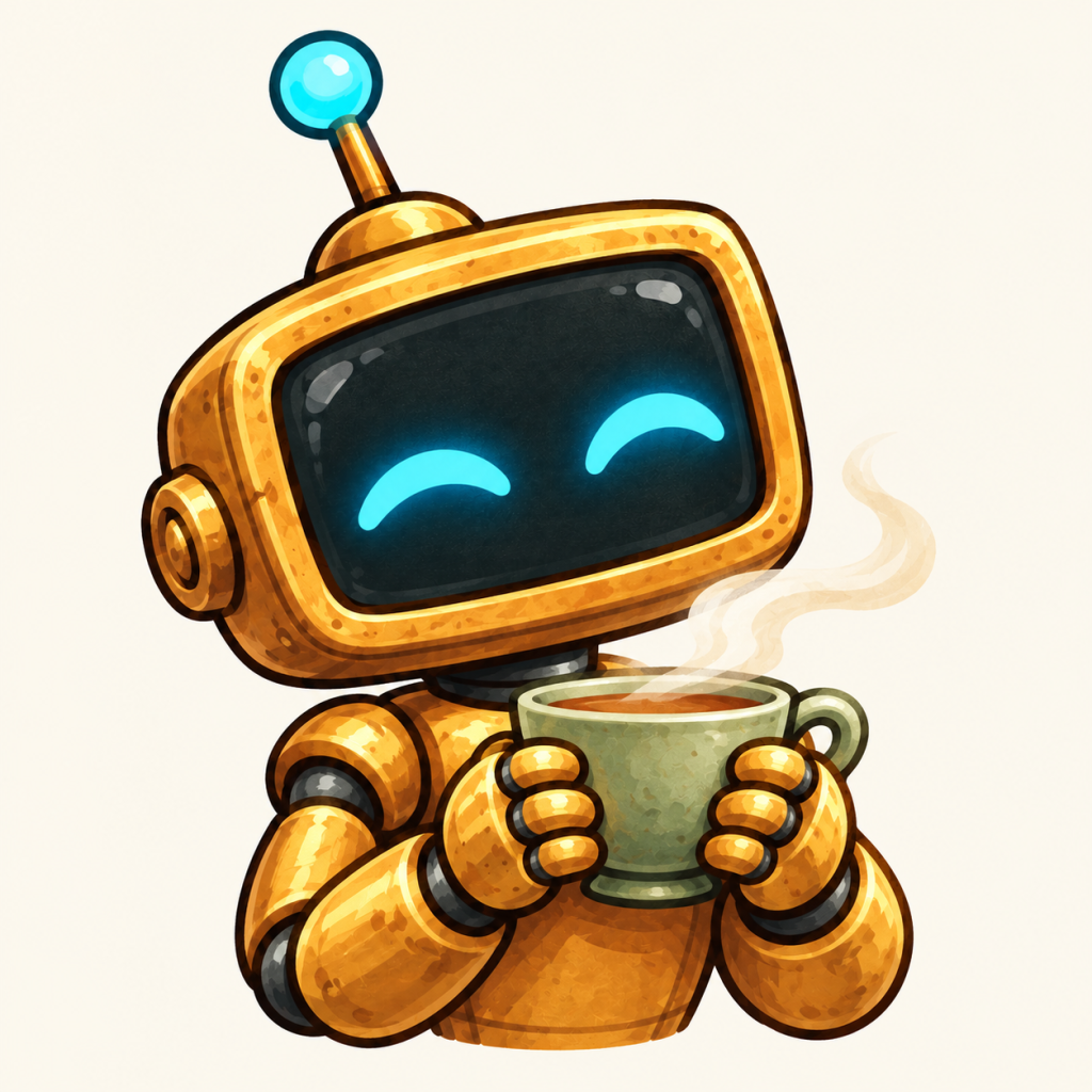 Genny cradling a sage-green teacup with relaxed, happy cyan eyes.