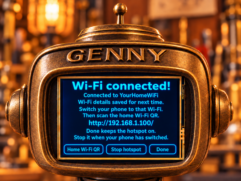Illustrated success screen showing Wi-Fi connected, Home Wi-Fi QR, Stop hotspot, and Done, with an example home address.