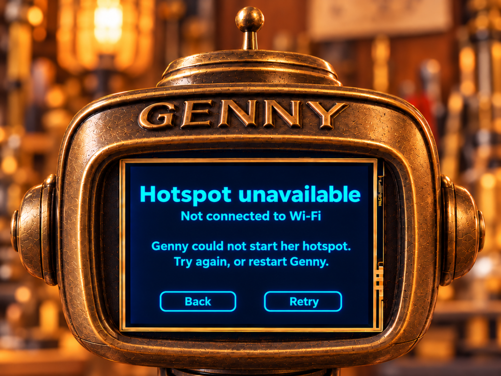 Illustrated Hotspot unavailable screen advising the owner to retry or restart Genny, with Back and Retry buttons.