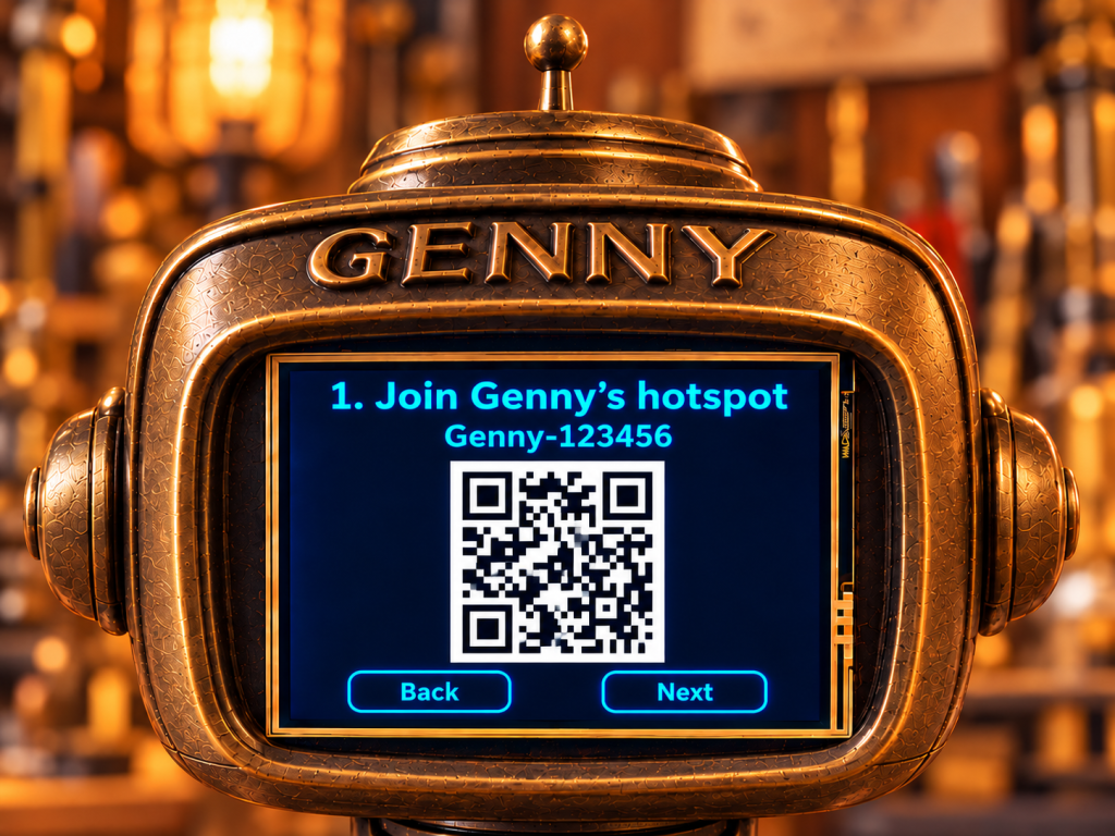 Illustrated Genny screen showing step 1, Join Genny’s hotspot, with an example network name and QR code.