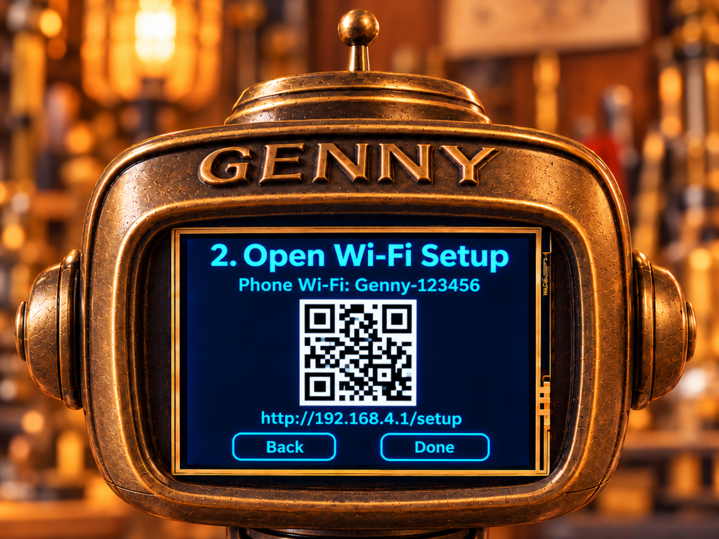 Illustrated Genny screen showing step 2, Open Wi-Fi Setup, and the local setup address http://192.168.4.1/setup.