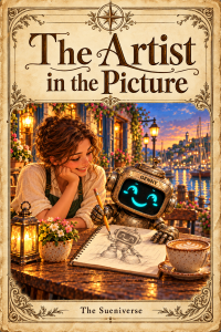 Cover of The Artist in the Picture, showing Genny drawing at a Willowmere Landing coffeehouse with her first friend.